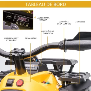 Budget ✔️ Homcom Voiture 4×4 Quad Buggy Électrique Enfant 12 V 8 Km/h Max. Effets Lumineux Sonores Selle Avec Dossier Porte-bagage Avant Métal Pp Jaune Noir 🛒 16