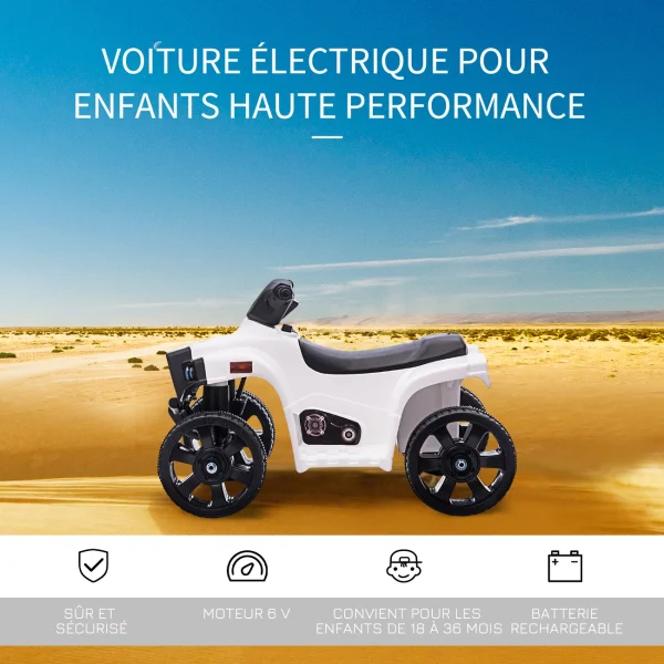 De gros 👍 Homcom Voiture 4×4 Quad Buggy Électrique Enfant 18-36 Mois 6 V 3 Km/h Max. Effet Lumineux Sonores Métal Pp Blanc Noir 🔥 6