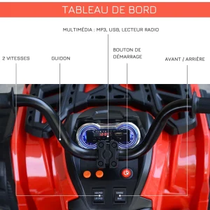 Coupon ⌛ Homcom Voiture 4×4 Quad Buggy Électrique Enfant 3 À 6 Ans Effets Lumineux Musique V. Max. 3 Km/h Batterie Rechargeable Lecteur Mp3 Multifonction Rouge 🔔 16