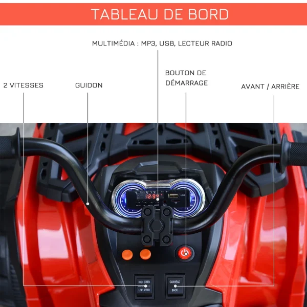 Coupon ⌛ Homcom Voiture 4×4 Quad Buggy Électrique Enfant 3 À 6 Ans Effets Lumineux Musique V. Max. 3 Km/h Batterie Rechargeable Lecteur Mp3 Multifonction Rouge 🔔 6