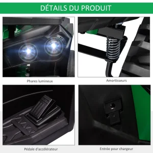 Bon marché 🥰 Homcom Voiture 4×4 Quad Buggy Électrique Enfant 12 V 8 Km/h Max. Effets Lumineux Sonores Selle Avec Dossier Porte-bagage Avant Métal Pp Vert Noir 😍 18