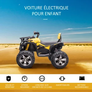 Budget ✔️ Homcom Voiture 4×4 Quad Buggy Électrique Enfant 12 V 8 Km/h Max. Effets Lumineux Sonores Selle Avec Dossier Porte-bagage Avant Métal Pp Jaune Noir 🛒 14