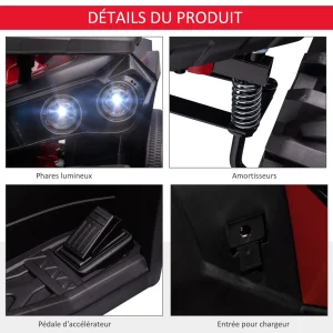 Grosses soldes 🥰 Homcom Voiture 4×4 Quad Buggy Électrique Enfant 12 V 8 Km/h Max. Effets Lumineux Sonores Selle Avec Dossier Porte-bagage Avant Métal Pp Rouge Noir 😀 18